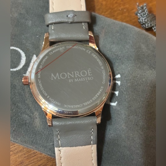 MONROE Sunburst Solerose Classique Gold Tone Watch, Leather Band, Case 36 - Picture 9 of 11